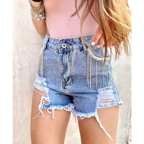 SHORTS JEANS CON FRANGE IN STRASS
